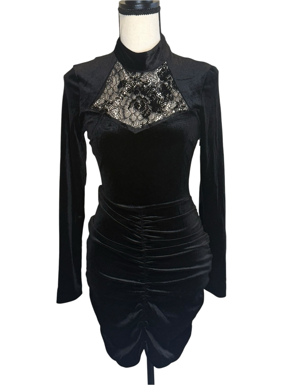 NWT ZARA Black Velvet Lace-Inset Long Sleeve Dress